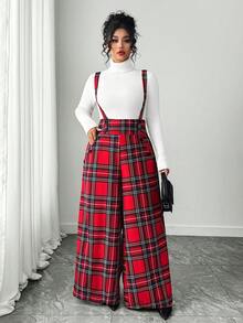 Elenzga Bộ áo liền quần dáng rộng in họa tiết kẻ caro cho nữ cỡ lớn, kiểu dáng thường ngày. - Đỏ - Xem 6