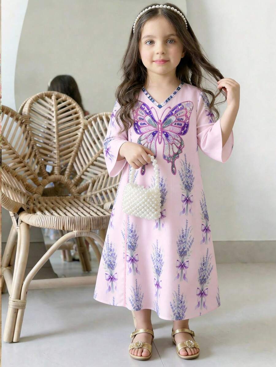 Baby Girl Butterfly Print Pattern Pink Children Jalabiya Dress - Multicolor - View 1