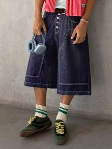 STEELVANCE Unisex Loose Fit Wide Leg 7/8 Length Jeans, American Streetwear Style Embroidered, Soft Washed Non-Fading Denim - Dark Wash - View 3