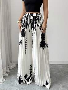 Selianne Women's Elegant Casual Pleated Design Black & White Pants, Spring/Autumn - Black and White - View 4