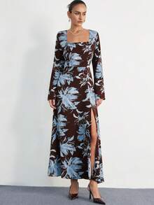 Aveloria Modichic Elegante vestido de manga larga con cuello cuadrado retro francés, cintura ceñida y bajo con abertura, versátil y favorecedora - Multicolor - Ver 5