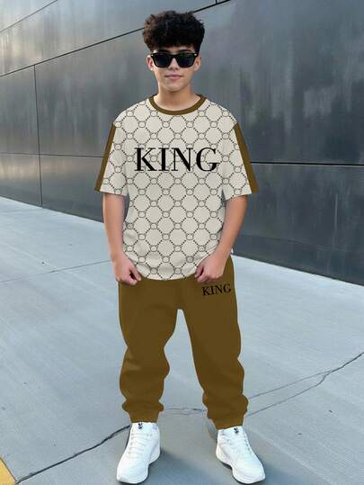 Tween Boy New Casual Minimalist Classic Fashion Retro Floral, English Letter "King" Sports Style Loose Comfortable Fashionable Simplistic Crew Neck Short Sleeve T-Shirt And Pants Set