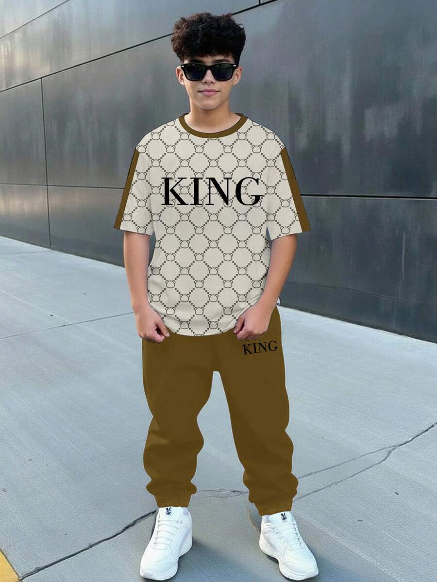 男童新款休闲简约经典复古花卉图案英文字母“King”运动风宽松舒适时尚简约圆领短袖T恤和裤子套装 - 彩色 - 查看 1