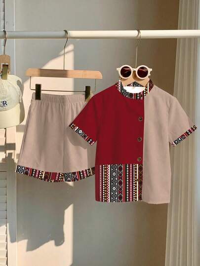 SHEIN 男童休闲条纹衬衫短裤两件套，经典阿拉伯传统服饰，适合夏季穿着