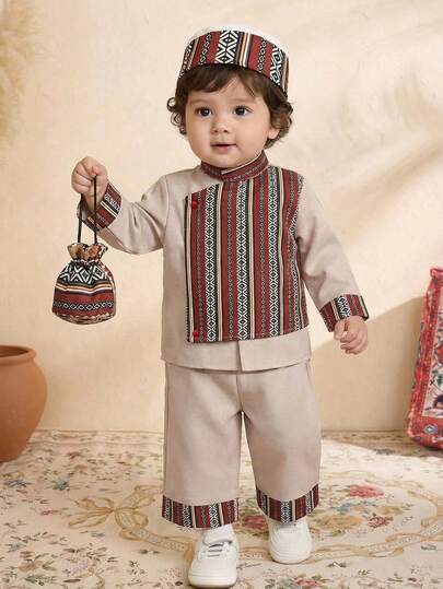 SHEIN مجموعة ملابس علوية كم طويل وبنطال واسع للأطفال الصبيان، بتصميم ألوان متباينة ورقعي وزهري عتيق، مناسبة لحفلات عيد الميلاد والسهرات والأعياد والأعراس وحفلات استقبال المولود الجديد وعيد الميلاد الأول والمناسبات