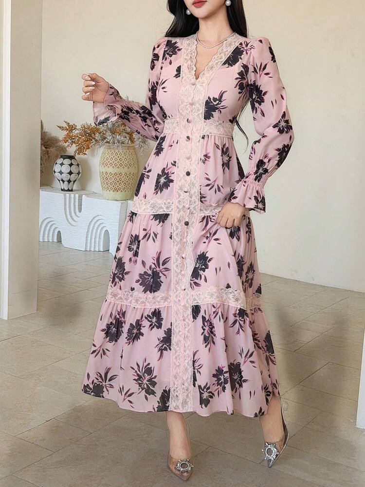 Elegant French Floral Print Long Dress For Women Sundress Boho