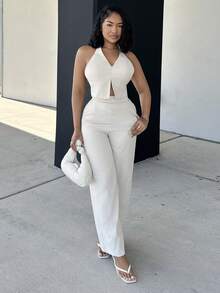 Alexandranx 春夏辦公室女士V領無袖上衣配開背設計和寬腳褲，修身增高街頭穿搭套裝 - 杏色 - 查看 1