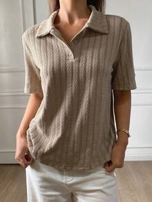 Livesso Camiseta de mujer con diseño de cuello polo, estilo casual y holgado, unicolor, para oficina, con estilo de dinero antiguo - Caqui - Ver 2