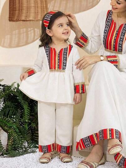 Babyflickors vårklänning i mellanösternstil med v-ringning, retrotryck, kontrastfärgat mönster, lös långärmad topp + lösa, raka vardagsbyxor, lämplig för mellanöstern-helgkläder