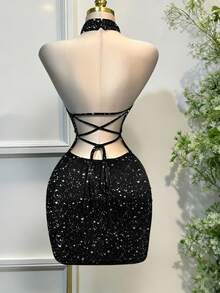 Franclia Fashionable Sexy Halter Backless Tie-Waist Bodycon Mini Dress For Women - Black - View 2