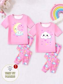 两件套女童夜光云朵、月亮和爱心印花紧身睡衣套装，包括圆领短袖上衣和裤子。 - 粉色 - 查看 4