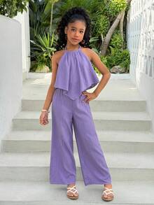 少女紫色纹理雪纺吊带上衣和阔腿裤套装，春夏休闲度假装 - 紫色 - 查看 3