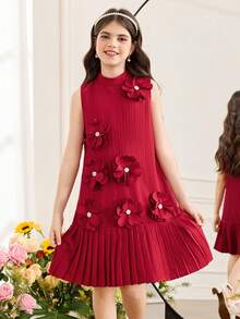 SHEIN Vestido Elegante Sem Mangas para Menina Pré-Adolescente com Pequena Gola em Pé, Decoração Floral 3D e Bainha Plissada, Menina Pré-Adolescente - Rosa chiclete - Visão 5