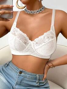 DesireSculpt 1pc Women's Lace Patchwork Wireless Bra - White - View 7