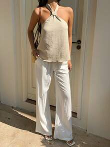 SHEIN EZwear Summer Khaki Woven Casual Halter Neck Blouse For Women - Apricot - View 4