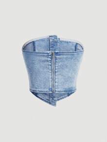 SHEIN MOD Áo hai dây denim xếp ly cài cúc phía trước màu xanh nhạt dành cho nữ - Rửa nhẹ - Xem 2