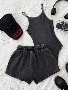SHEIN Teen Girl Letter Embroidered Camisole Jumpsuit And Shorts Casual Set - Dark Grey - View 2