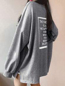 DAZY 女士标语印花圆领长袖T恤，适合春季穿着。“切·格瓦拉是你想要的生活的隐喻”，秋季服装图案T恤 - 灰色 - 查看 5