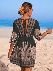 Swim Lushoire 女士沙滩装夏季网纱印花V领修身腰身优雅度假连衣裙罩衫 - 黑色 - 查看 2