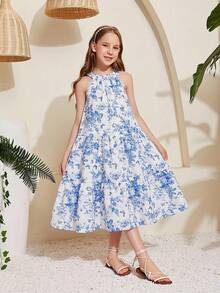 SHEIN 少女碎花无袖宽松休闲度假连衣裙 - 藍色 - 查看 6