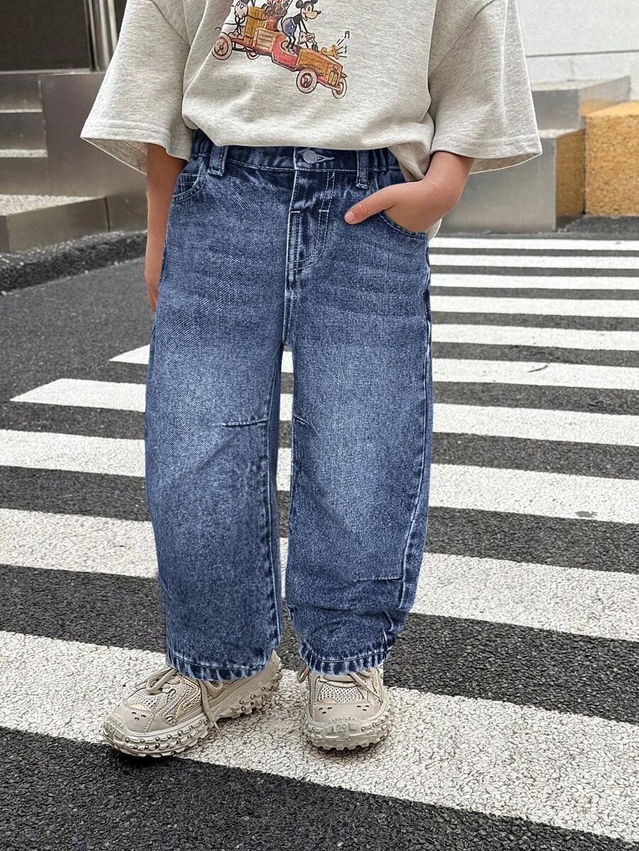 SHEIN Young Boy's Casual Everyday Commute Simple Versatile Loose Fit Straight Leg Jeans - Dark Wash - View 1