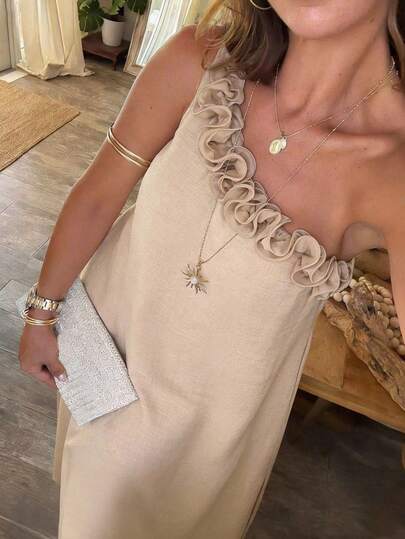 Weeklong Vestido maxi casual de vacaciones con decoración floral y hombro asimétrico para mujer de talla grande, primavera/verano