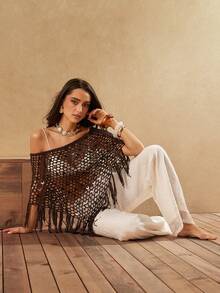 Silquee Women's Brown Summer Boho Beach Holiday Semi-Sheer Knit Sequined Openwork Crochet Cape Top With Fringed Hem,Perfect For Vacation&Pool Party,Holiday - Coffee Brown - View 5