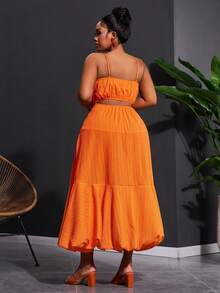 Veslaya 2026春夏新款大码女装，适合音乐节、复活节、西部风、游牧风、生日派对、毕业典礼、大学、学生、婚礼宾客、波西米亚风、通勤、早午餐、机场、派对、假日、优雅宴会、舞会、休闲、高端优雅纯橙色吊带收腰交叉露背荷叶边长裙 - 橘色 - 查看 4