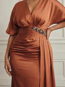 Anewsta Women's Elegant Party Summer Rusty Orange V-Neck Batwing Sleeve Dress,Waist Ruched Rhinestone Decor Cinched Satin Mermaid Hem Valentine's Day Dress - Redwood - View 2