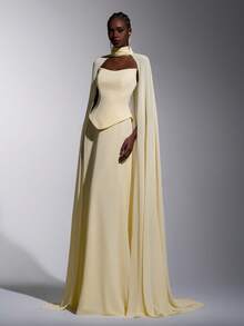 Elitara 优雅浪漫时尚的浅黄色雪纺无肩带A字连衣裙，领口饰有精美图案，适合优雅派对、婚礼宾客、正式晚宴、伴娘礼服等场合。 - 淡黃色 - 查看 5