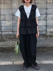 FRIFUL Women's Waist Tie Patchwork Ruffle Hem Denim Vest Jacket - Grey - View 2