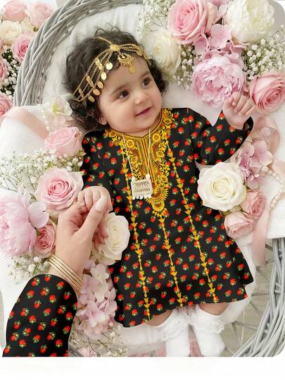 SHEIN 1pc V-Neck Cute Baby Girl Floral Print Long Sleeve Maxi Dress, Comfortable, Casual, Versatile And Fashionable For Everyday Wear, Suitable For Birthday Parties, Evening Events, Performances, Weddings, Baptisms, Autumn/Winter Indoor/Outdoor Activities, Daily, Sports, Parties, Photo Shoots, Vacations, Festivals, Spring/Autumn/Winter