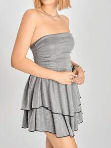 SHEIN EZwear Women's Shiny Ruffle Bandeau Fashionable Mini Dress - Silver - View 5
