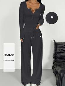 SHEIN EZwear 女士针织长袖上衣和裤子休闲套装（2件套） - 深灰色 - 查看 1