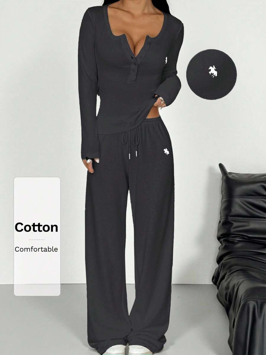 SHEIN EZwear 女士针织长袖上衣和裤子休闲套装（2件套） - 深灰色 - 查看 1