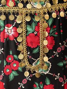 Sparklyn Tween Girls Elegant Floral Patchwork Contrast Color Gold Ribbon Dress - Multicolor - View 9