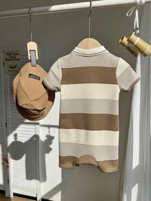 SHEIN 2件套新生儿男女通用休闲可爱条纹卡通图案翻领短袖连体衣，含帽子，适合生日派对、锐舞派对、晚宴、表演、婚礼、满月、洗礼和一周岁生日庆祝活动。 - 彩色 - 查看 2