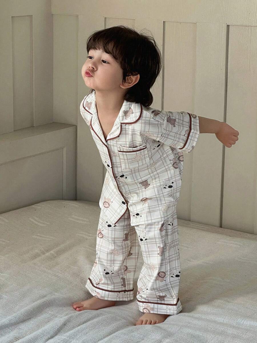 Dazy Kids Young Boy Plaid & Cartoon Print Short Sleeve Top And Pants Pajama Set