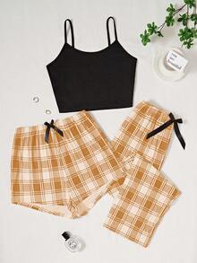 3pcs Plaid Print Women Pajama Set, Casual - Orange - View 5