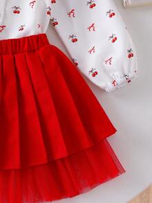 少女休闲樱桃蝴蝶结印花衬衫搭配褶裥网纱裙，优雅高端的秋季度假装扮 - 紅色 - 查看 3