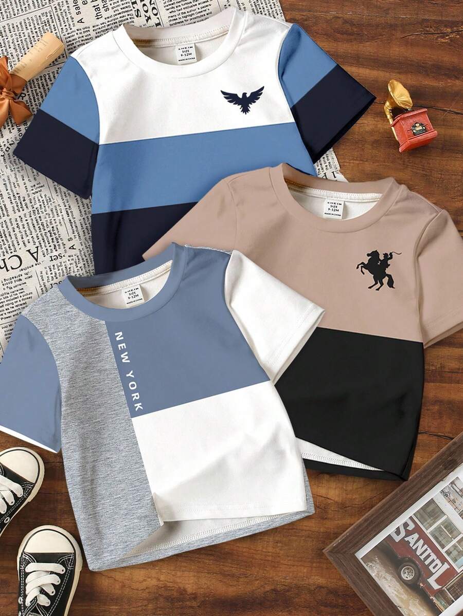 Set de 3 camisetas de manga corta con bloques de color, estampado de logotipo pequeño y diseño clásico y fresco, adecuadas para primavera/verano, para niños pequeños - Multicolor - Ver 1