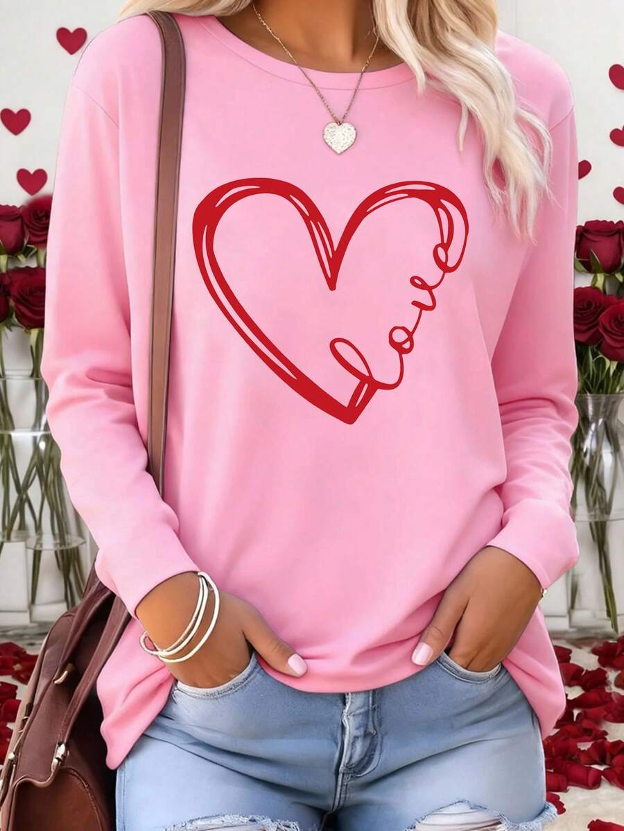 EMERY ROSE Valentine's Day Women's Heart Print Round Neck Long Sleeve T-Shirt - Pink - View 1