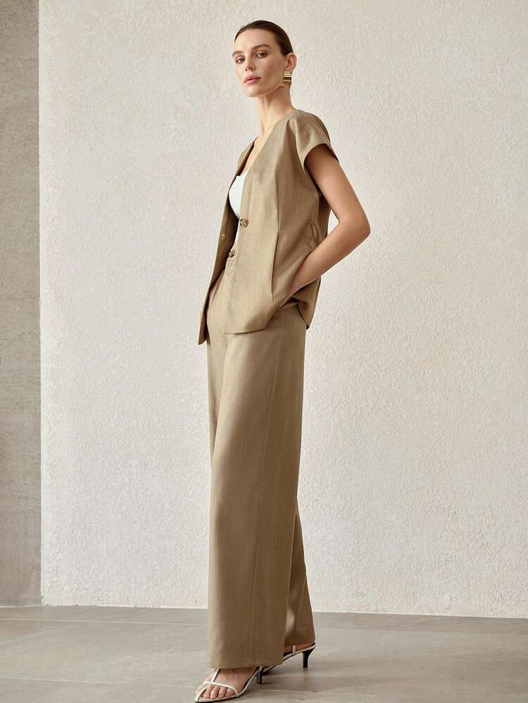 2PCS WOMEN'S FASHION V-NECK BELTED VEST AND WIDE LEG PANTS SET, SUITABLE FOR COMMUTING, SPRING/SUMMER