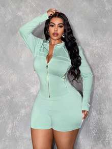 Slaydiva 春夏新款休闲基础款运动纯色绿色拉链长袖口袋T恤+高腰短裤两件套，适合毕业季、日常穿着、休闲、运动、派对、度假、早午餐、机场、返校、瑜伽等场合，女款加大码两件套 - 綠色 - 查看 7