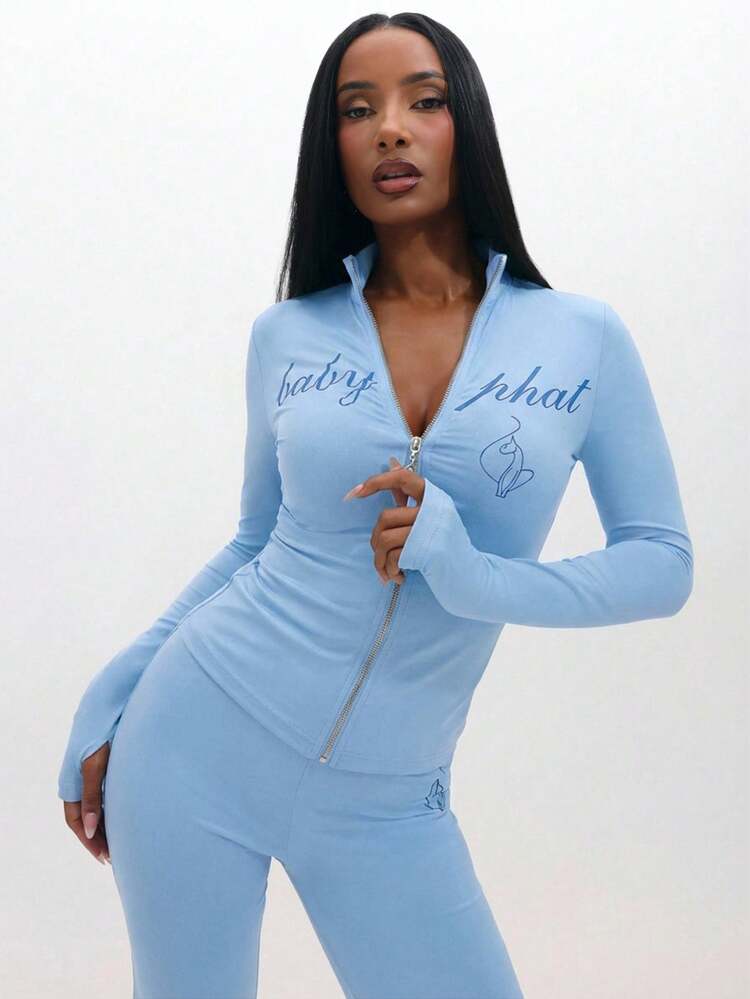 BABYPHAT テキストプリントとサムホール付き長袖ジップアップカジュアルルームウェア