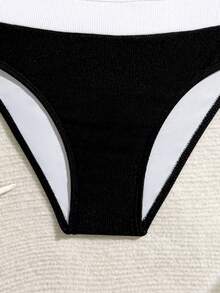 适合青少年女孩海滩度假的撞色比基尼套装 - 黑與白 - 查看 6