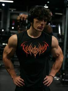 GymBeat Herr minimalistiskt tryckt ärmlös sportlinne med rund halsringning - Svart - Visa 1