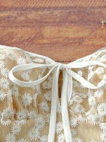 Flirla Beige Plus Size Women Daisy Embroidery Ruched Waist Mini Dress,Slim Fit Spaghetti Strap Summer Curve Party Wedding Guest Holiday French Style Dress - White - View 3