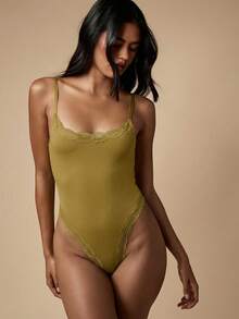 MISSGUIDED 女士蕾丝边连体衣，贴身塑形内衣，无袖V领按扣底 - 軍綠色 - 查看 4