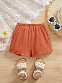SHEIN 女婴休闲棕色松紧腰短裤，夏季 - 棕色 - 查看 2